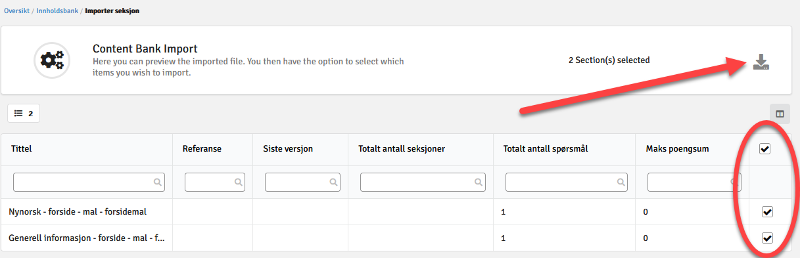 hak av for filene du vil importere, eventuelt alle